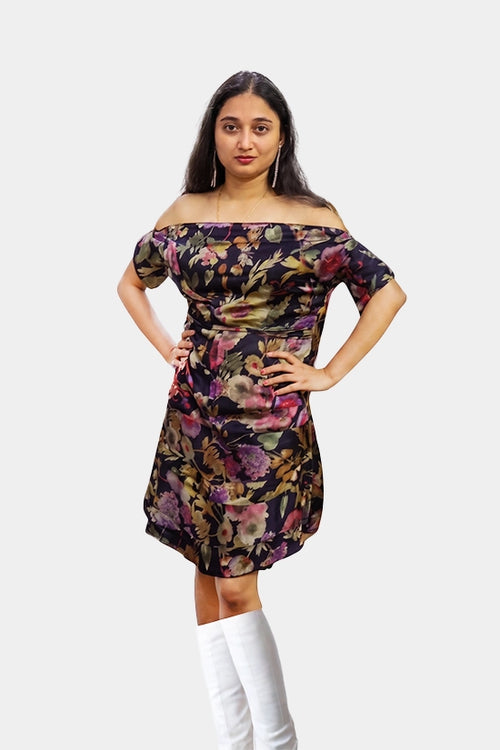 Black Off Shoulder Leafy Print Dress