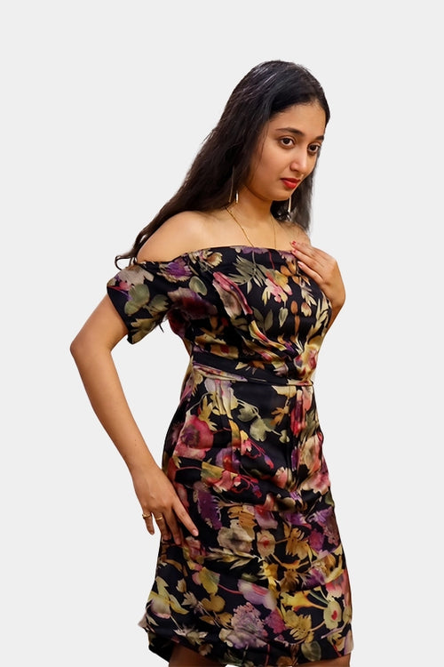 Black Off Shoulder Leafy Print Dress