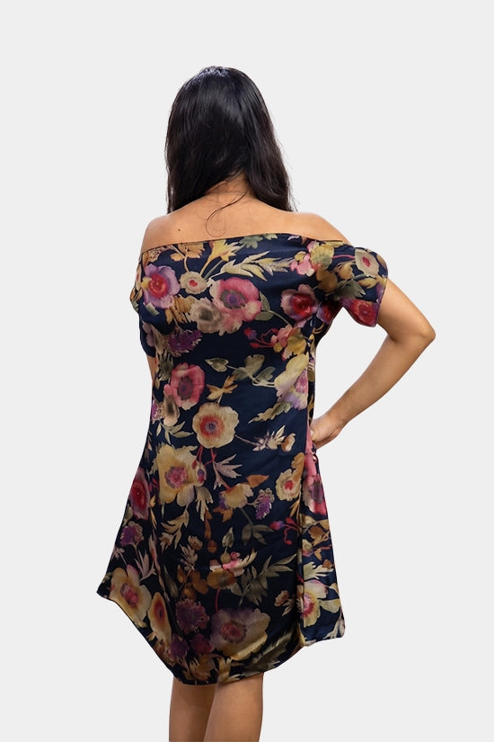 Black Off Shoulder Leafy Print Dress
