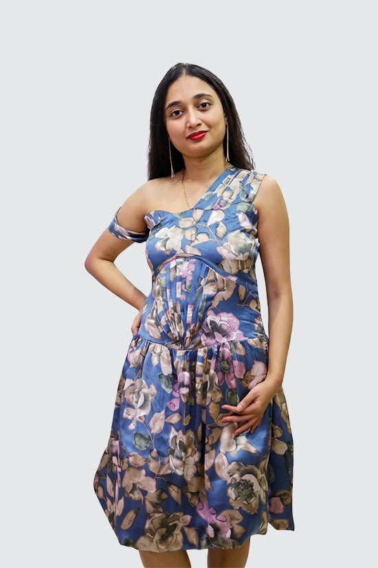 Blue Balloon Dress with Leafy Prints