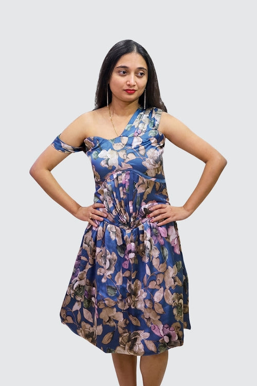 Blue Balloon Dress with Leafy Prints