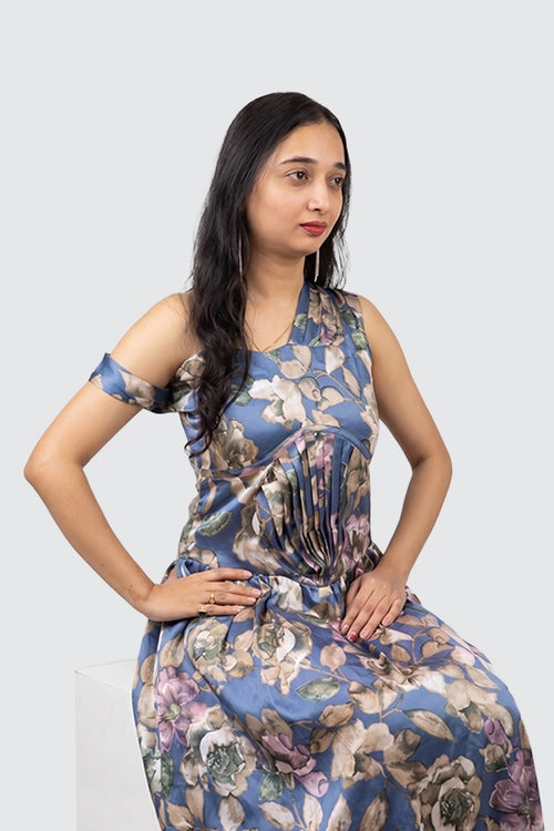 Blue Balloon Dress with Leafy Prints