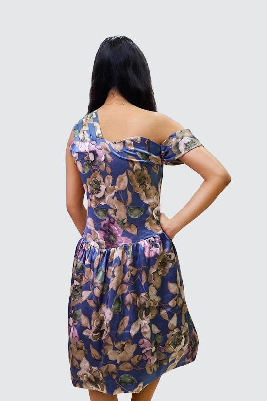 Blue Balloon Dress with Leafy Prints