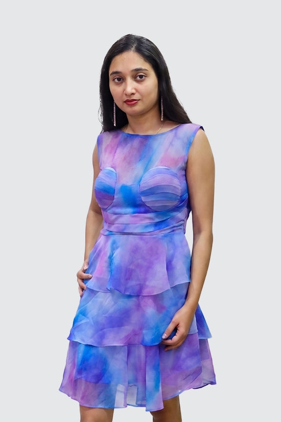Ruffled Blue Dress with little mixture of Pink Texture