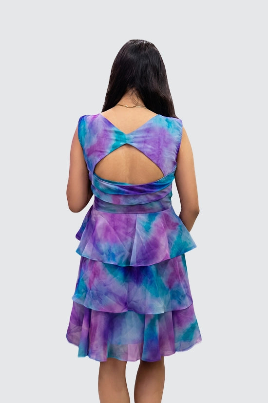 Ruffled Blue Dress with little mixture of Pink Texture