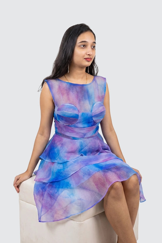 Ruffled Blue Dress with little mixture of Pink Texture