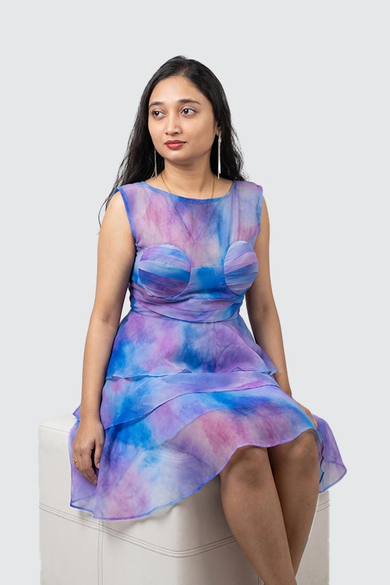 Ruffled Blue Dress with little mixture of Pink Texture