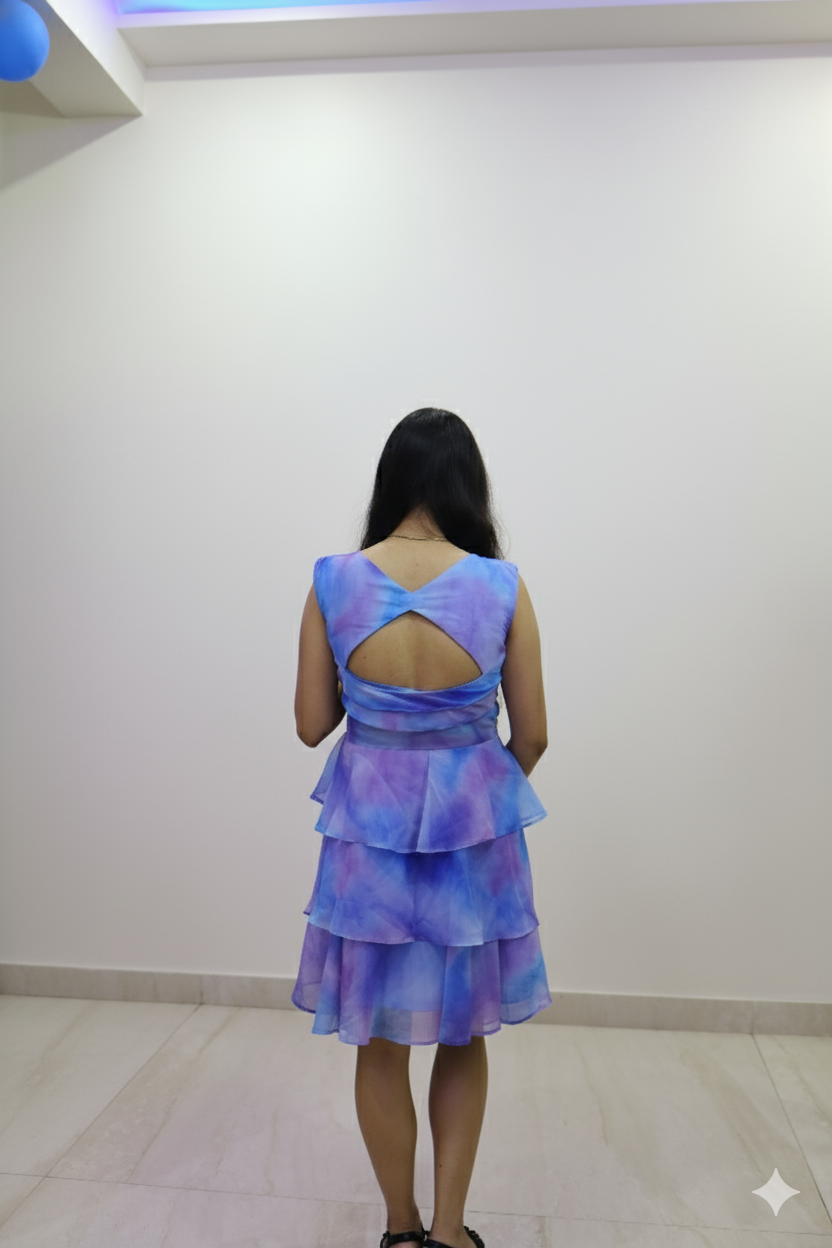 Ruffled Blue Dress with little mixture of Pink Texture