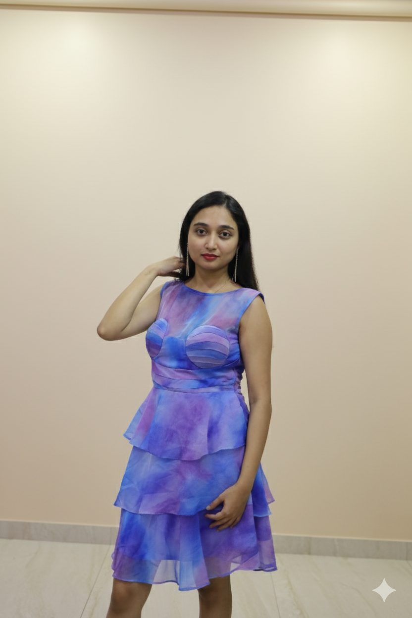 Ruffled Blue Dress with little mixture of Pink Texture