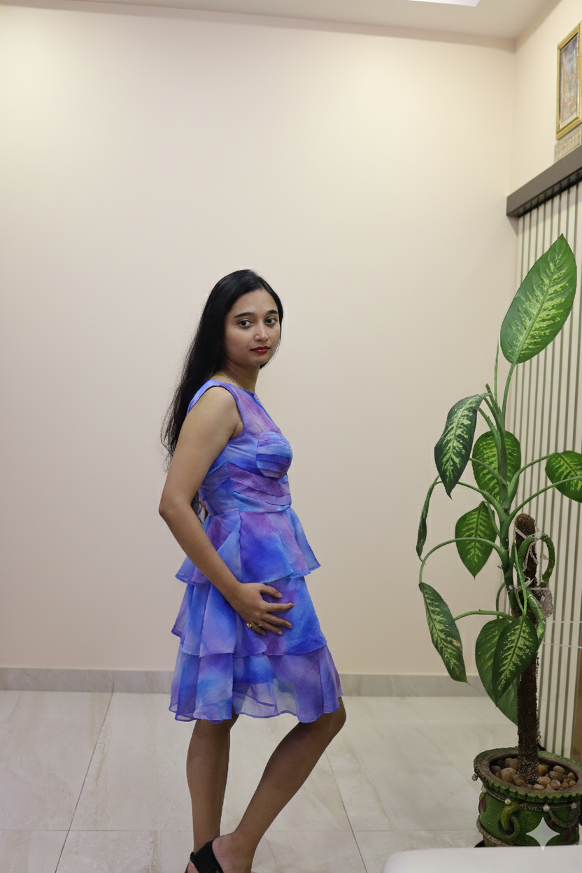 Ruffled Blue Dress with little mixture of Pink Texture