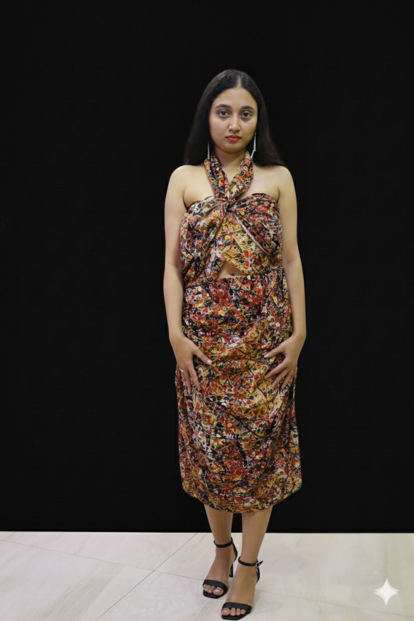 Volcanic Print Halter Neck Dress