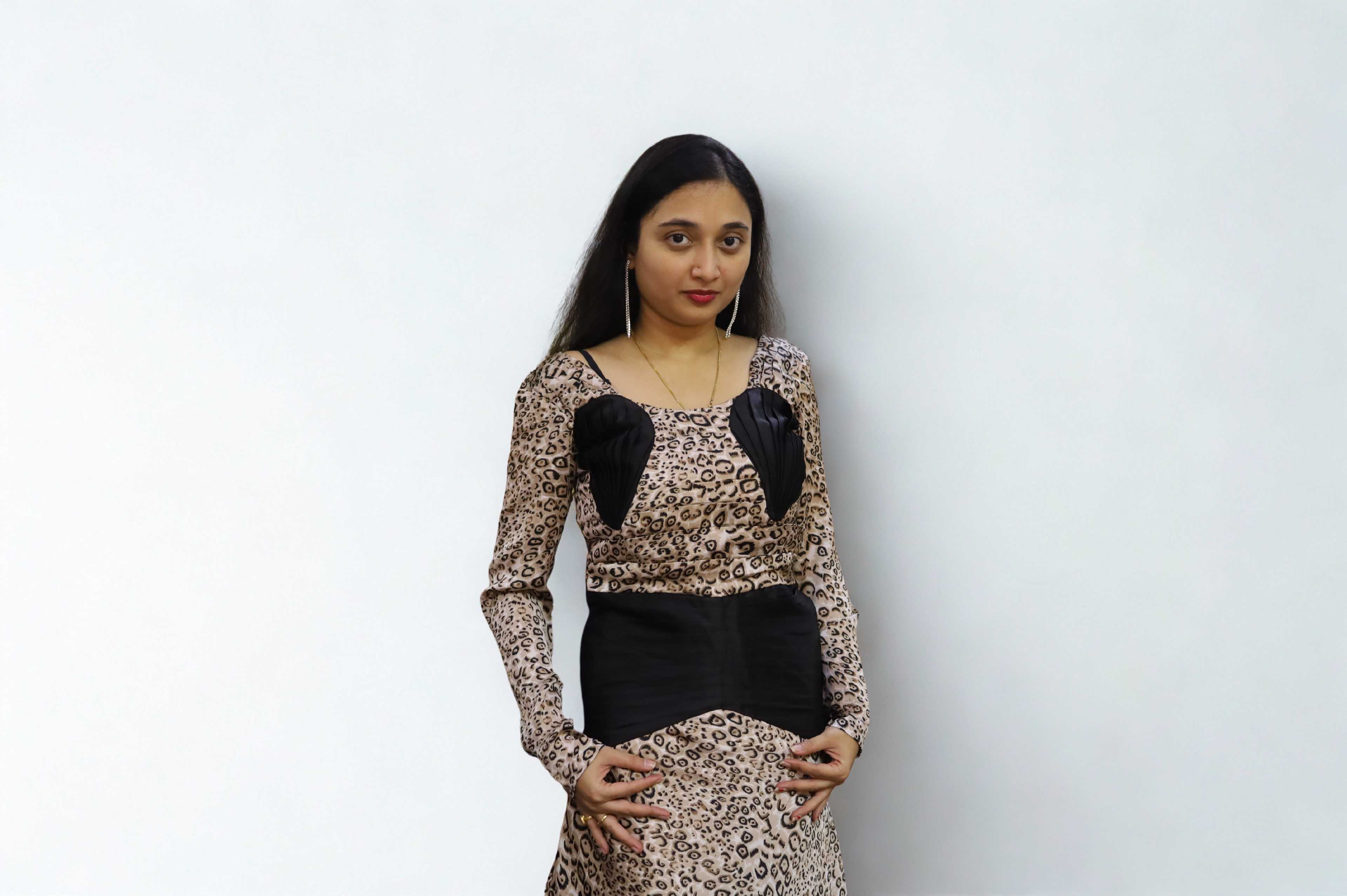 Leopard Print Pleated and Draped Slit Gown