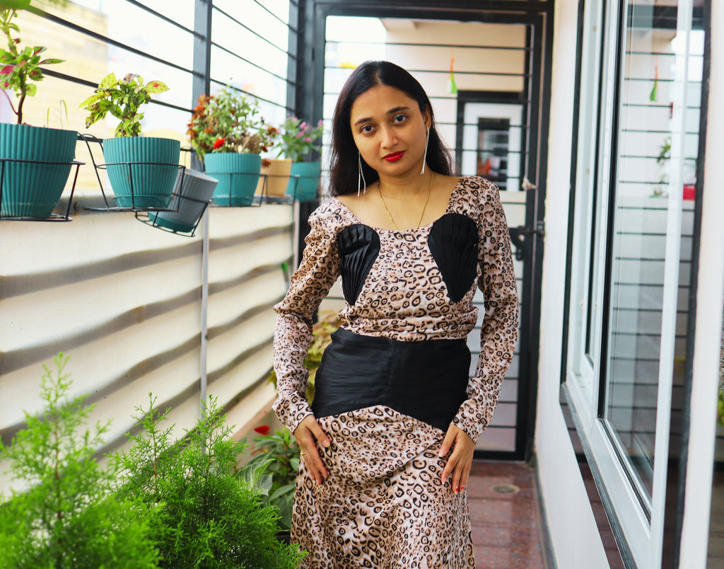 Leopard Print Pleated and Draped Slit Gown