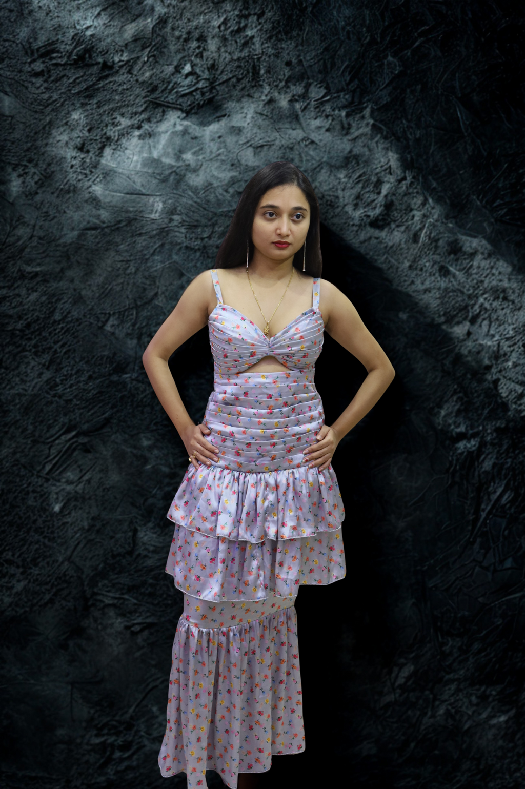 Pleated and Draped Semi Umbrella Cut Rose Print Gown