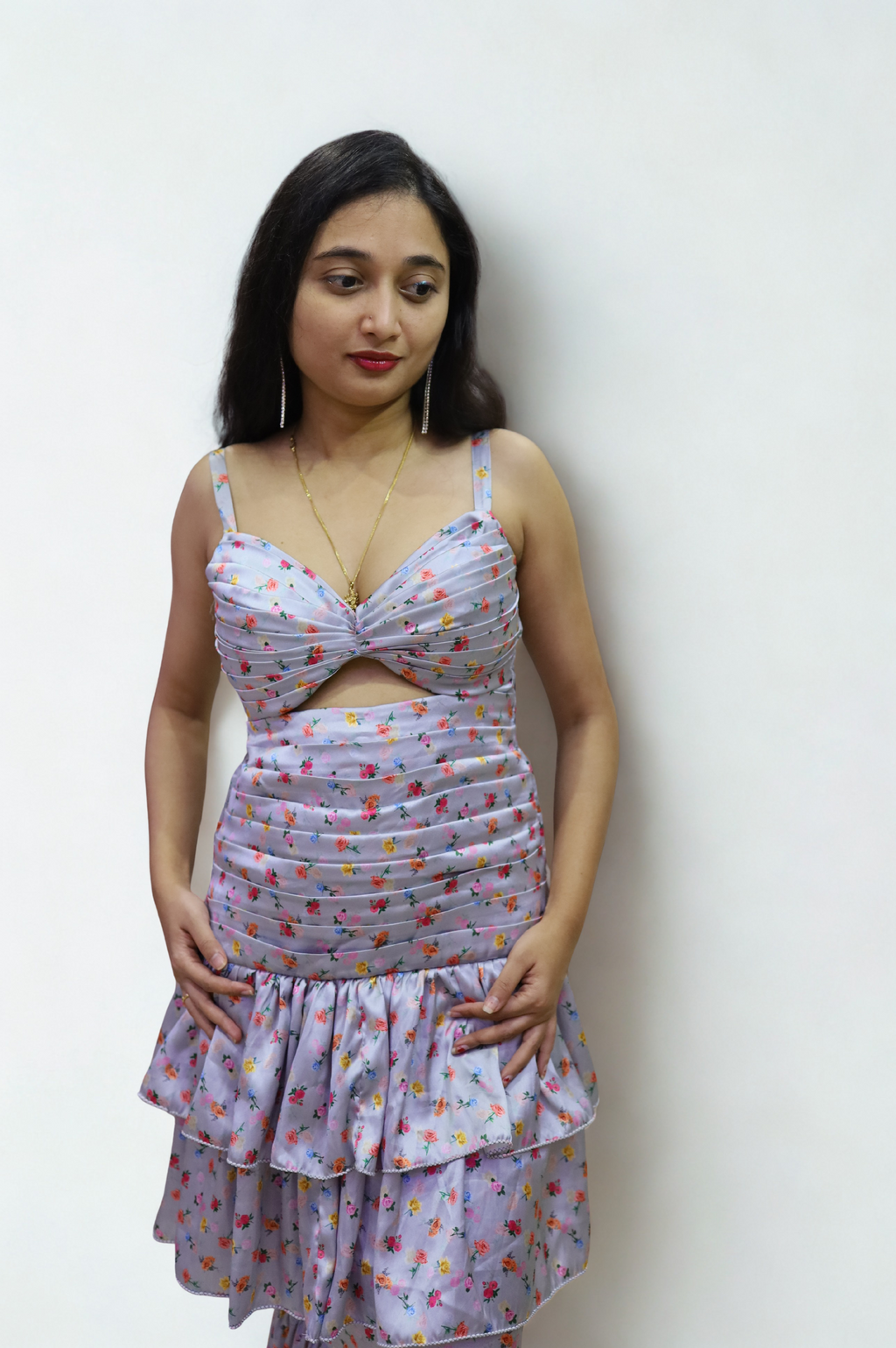 Pleated and Draped Semi Umbrella Cut Rose Print Gown