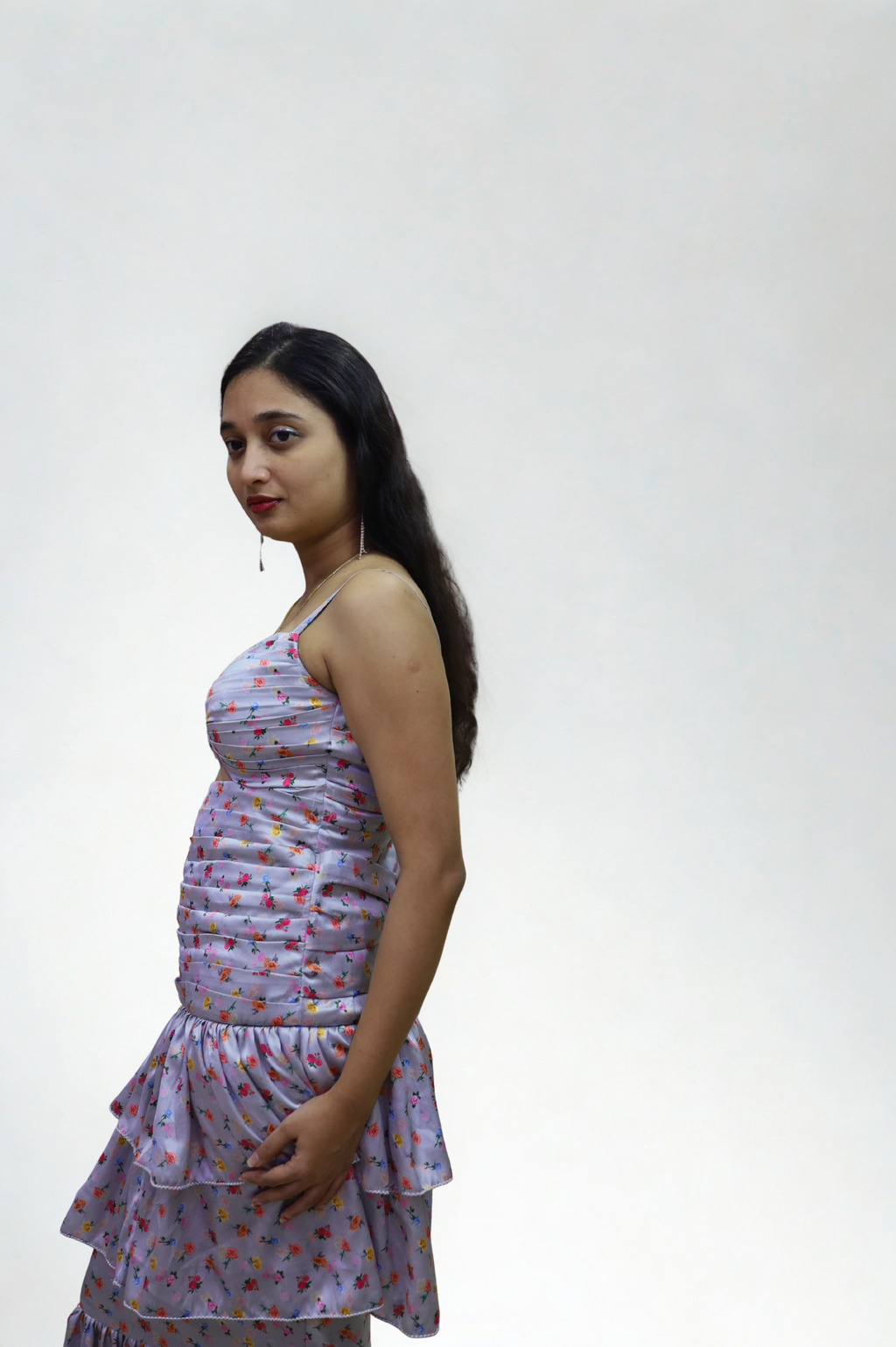 Pleated and Draped Semi Umbrella Cut Rose Print Gown