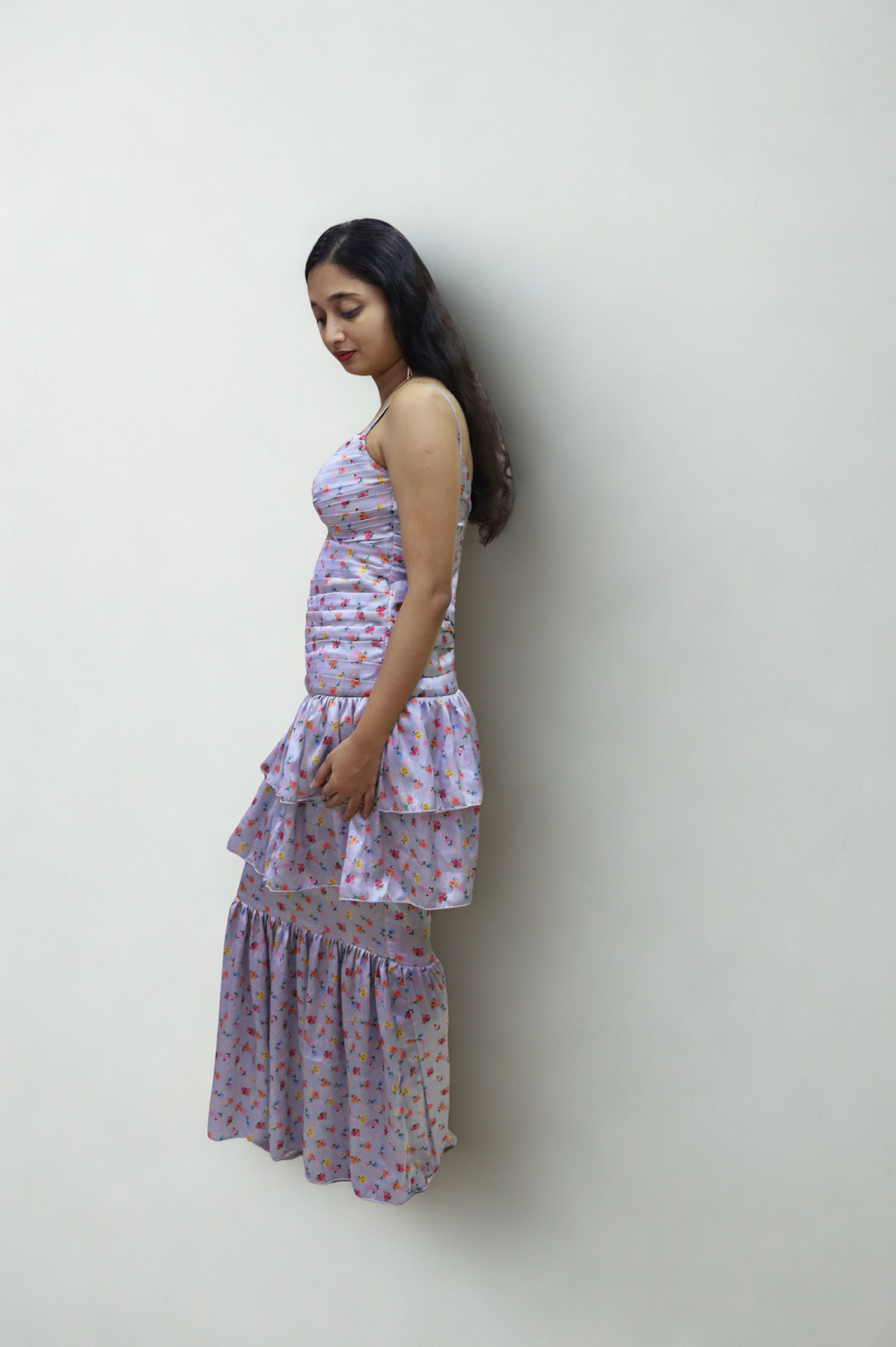 Pleated and Draped Semi Umbrella Cut Rose Print Gown