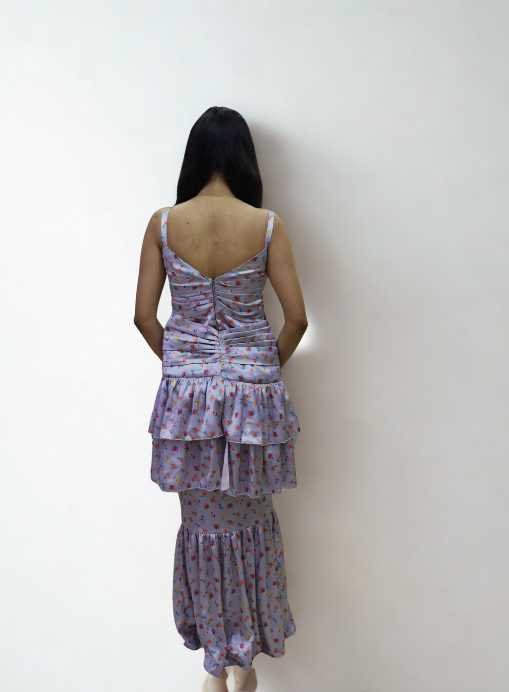 Pleated and Draped Semi Umbrella Cut Rose Print Gown