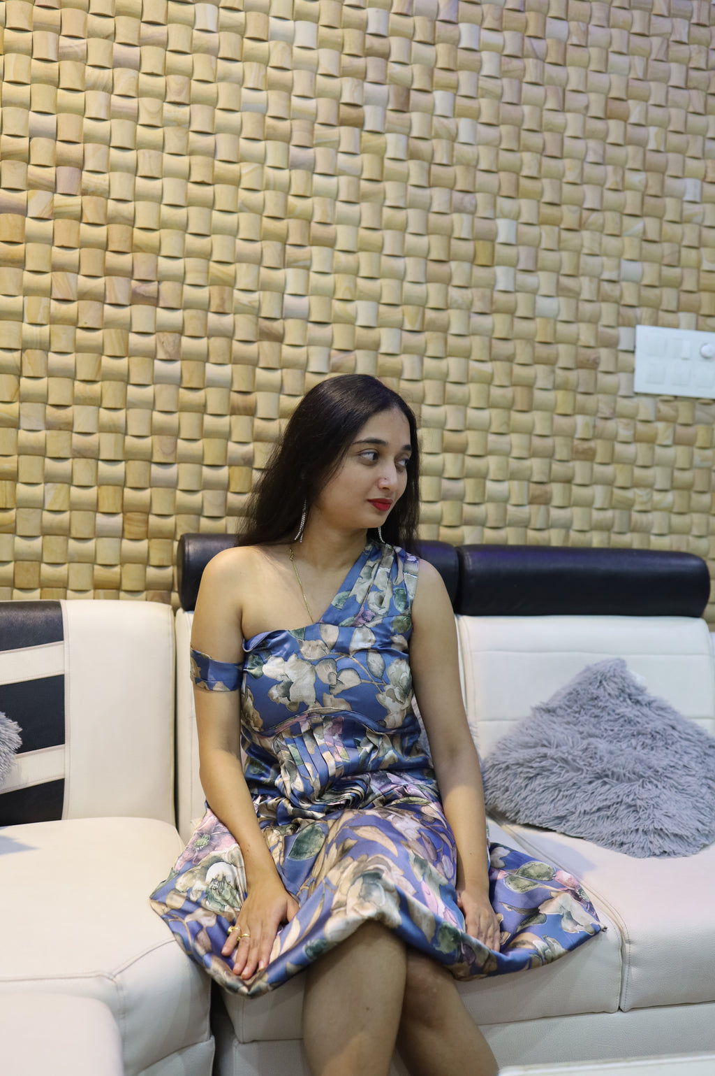 Blue Balloon Dress with Leafy Prints