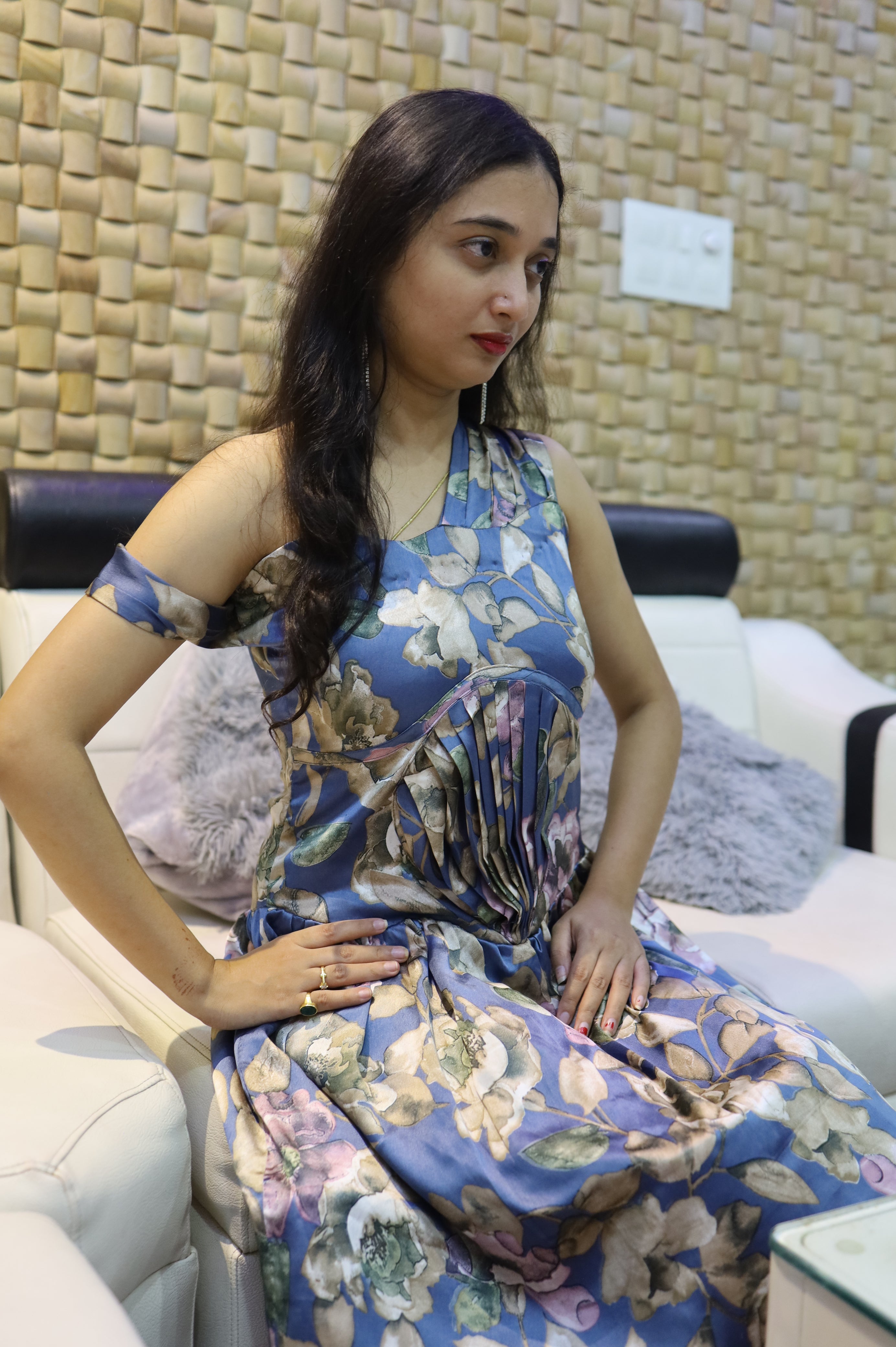 Blue Balloon Dress with Leafy Prints