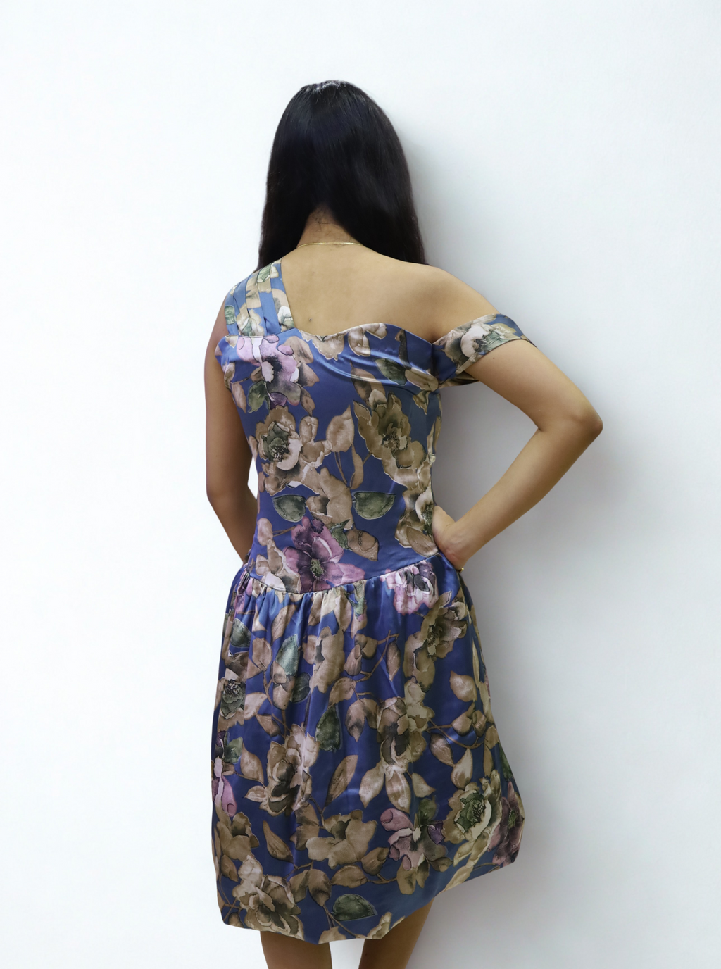 Blue Balloon Dress with Leafy Prints