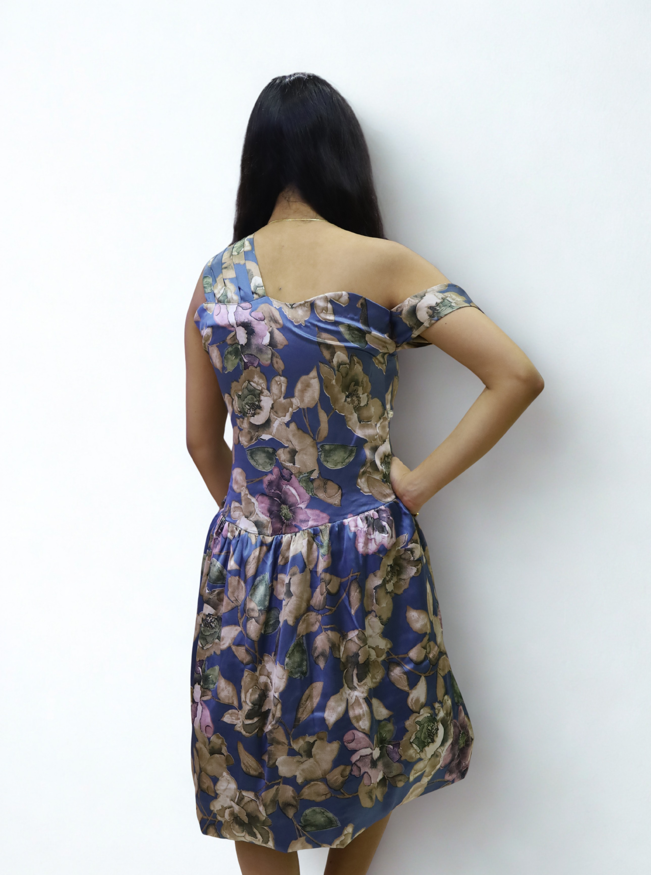 Blue Balloon Dress with Leafy Prints