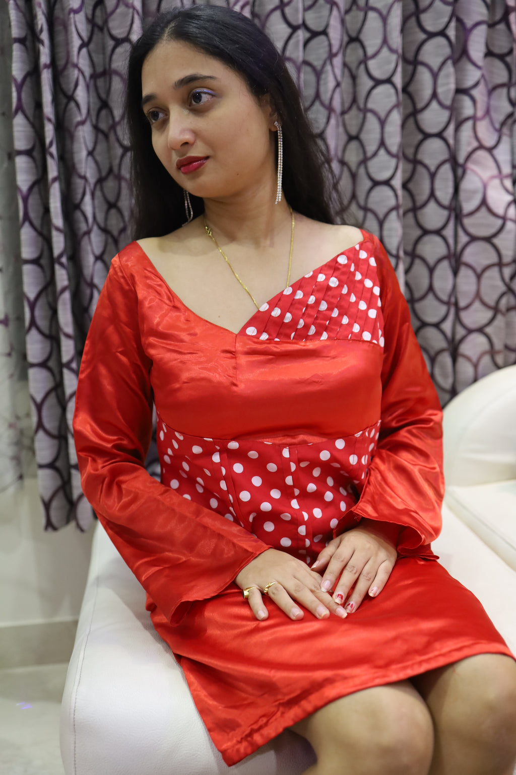Red Mini Dress with mixture of White Polka Dot