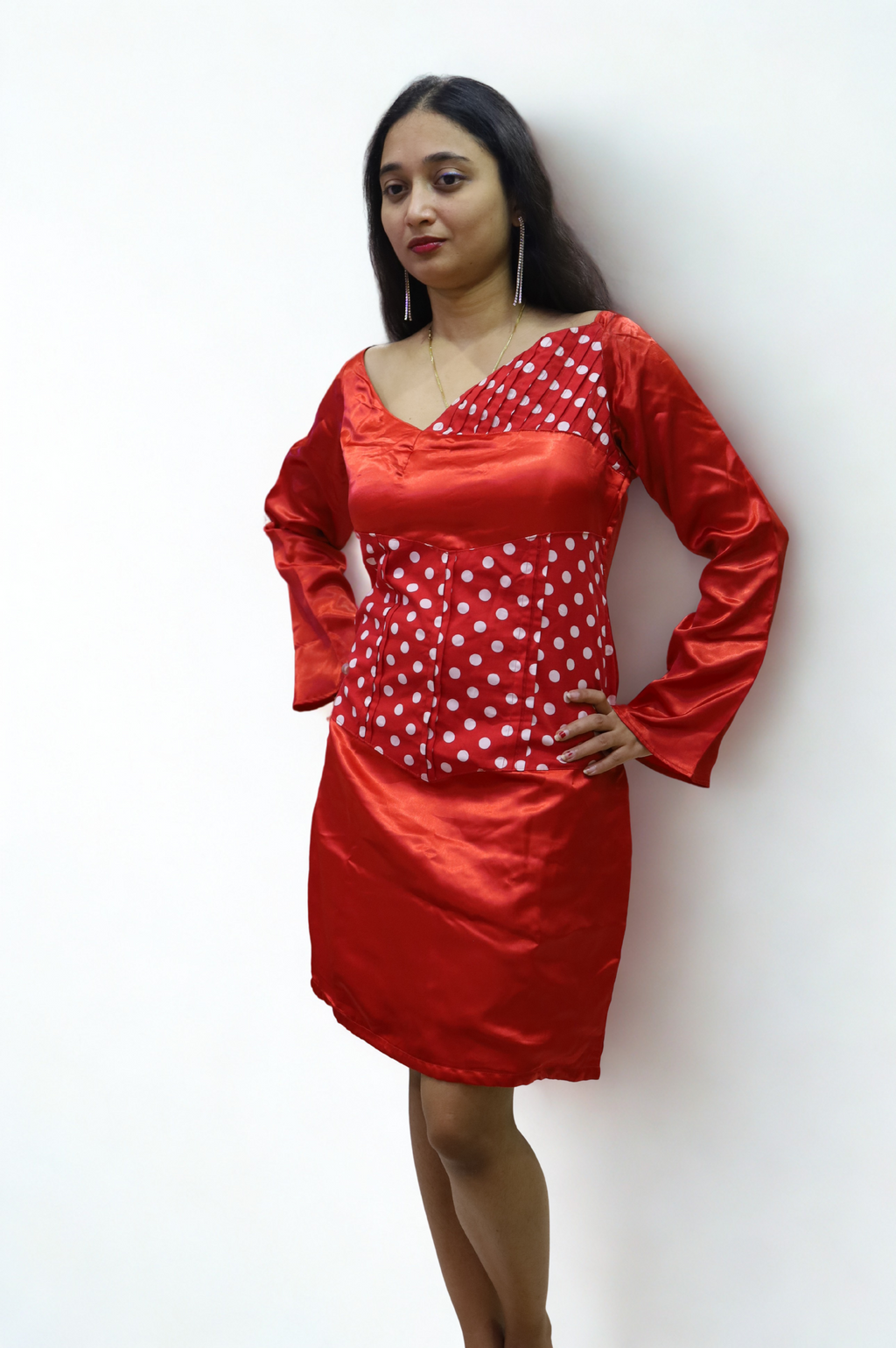 Red Mini Dress with mixture of White Polka Dot