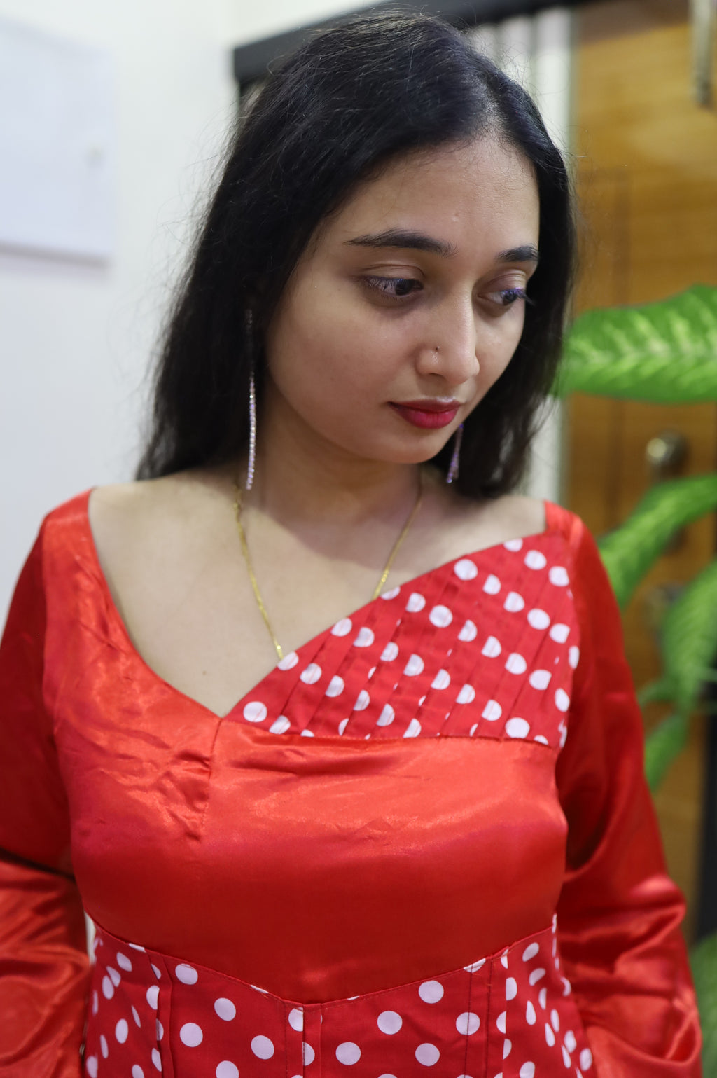Red Mini Dress with mixture of White Polka Dot