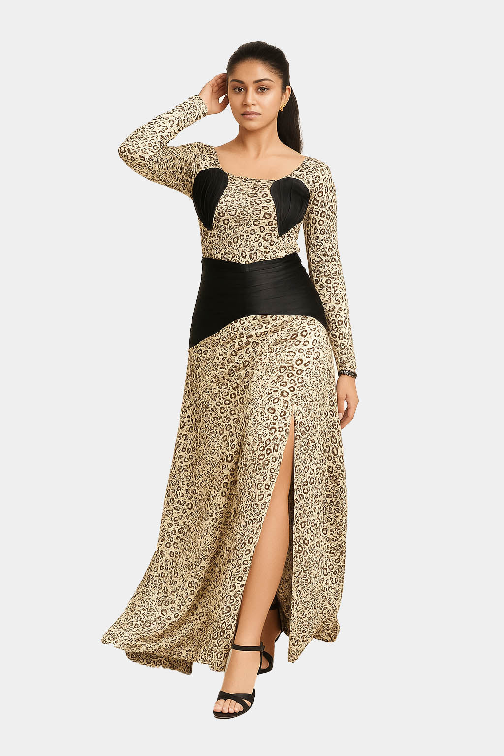 Leopard Print Pleated and Draped Slit Gown