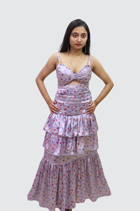 Pleated and Draped Semi Umbrella Cut Rose Print Gown