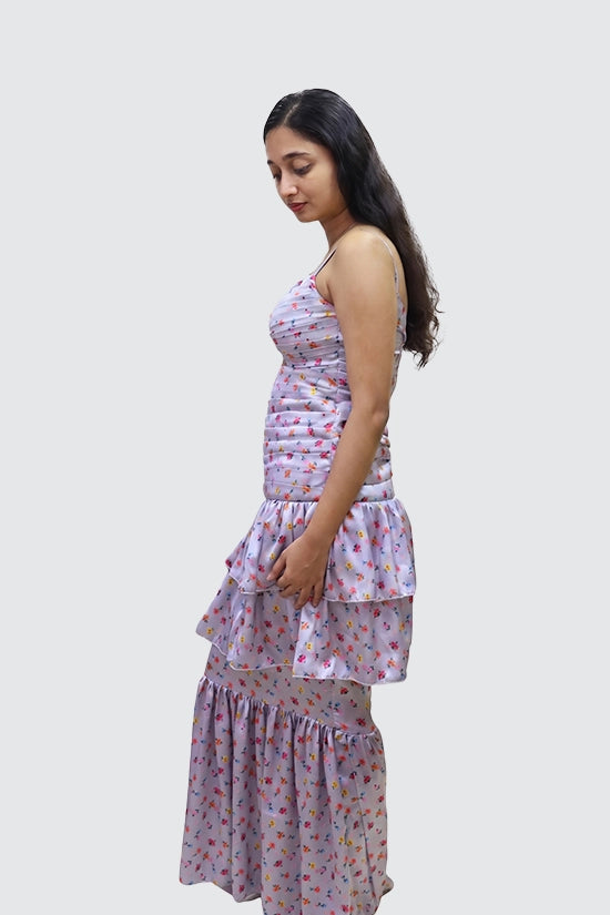 Pleated and Draped Semi Umbrella Cut Rose Print Gown