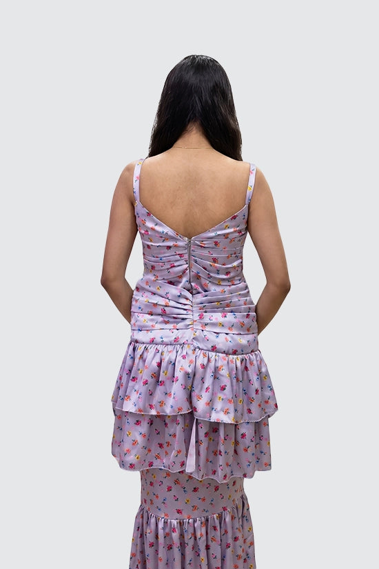 Pleated and Draped Semi Umbrella Cut Rose Print Gown