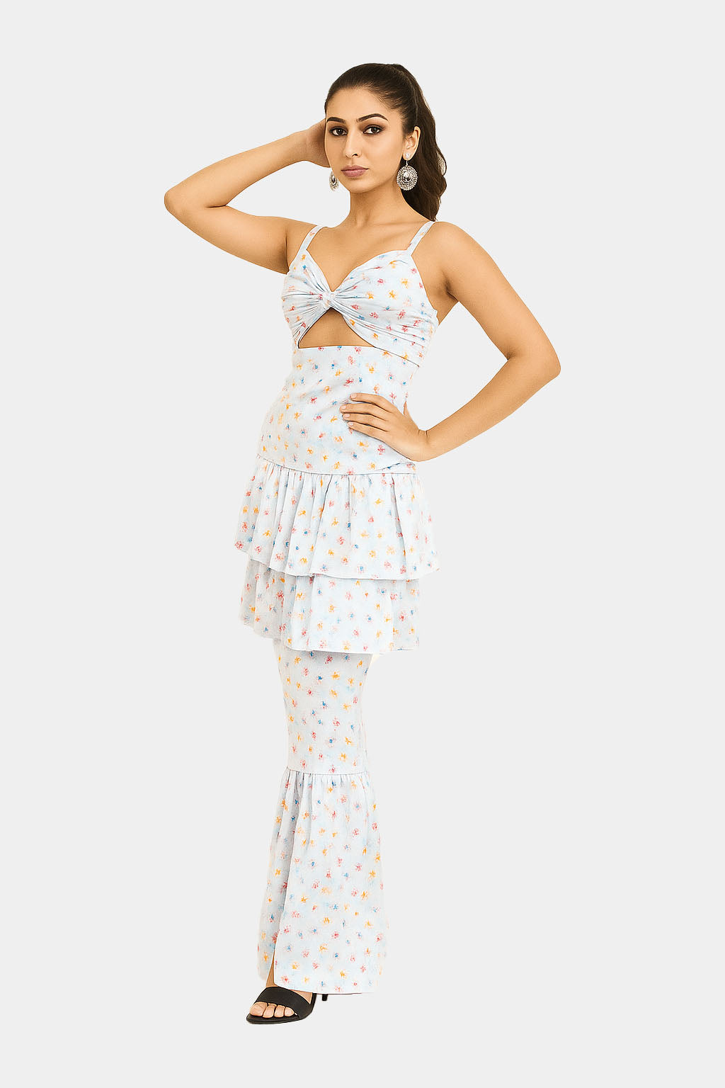 Pleated and Draped Semi Umbrella Cut Rose Print Gown