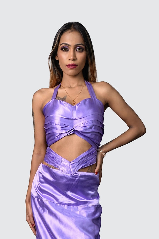 Purple Pleated V Attached Halter Neck Top and Skirt