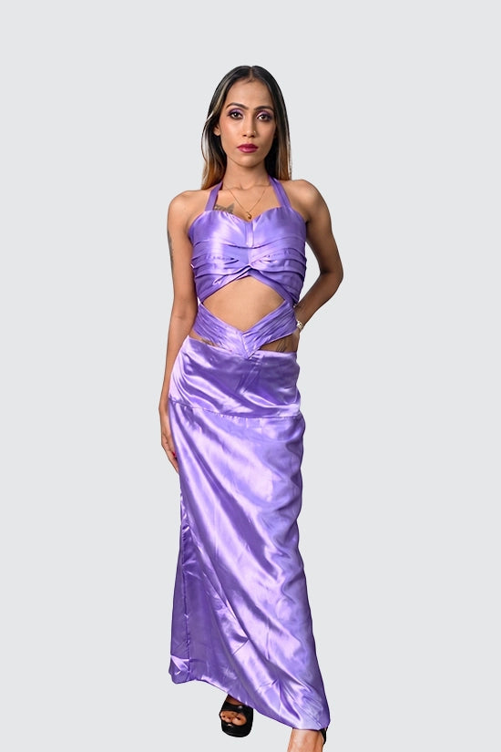 Purple Pleated V Attached Halter Neck Top and Skirt