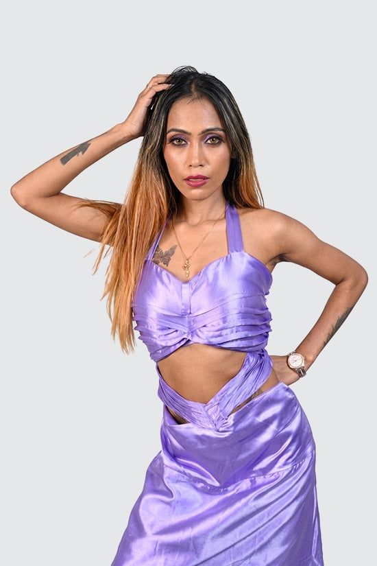 Purple Pleated V Attached Halter Neck Top and Skirt