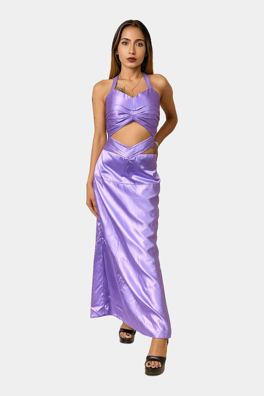 Purple Pleated V Attached Halter Neck Top and Skirt