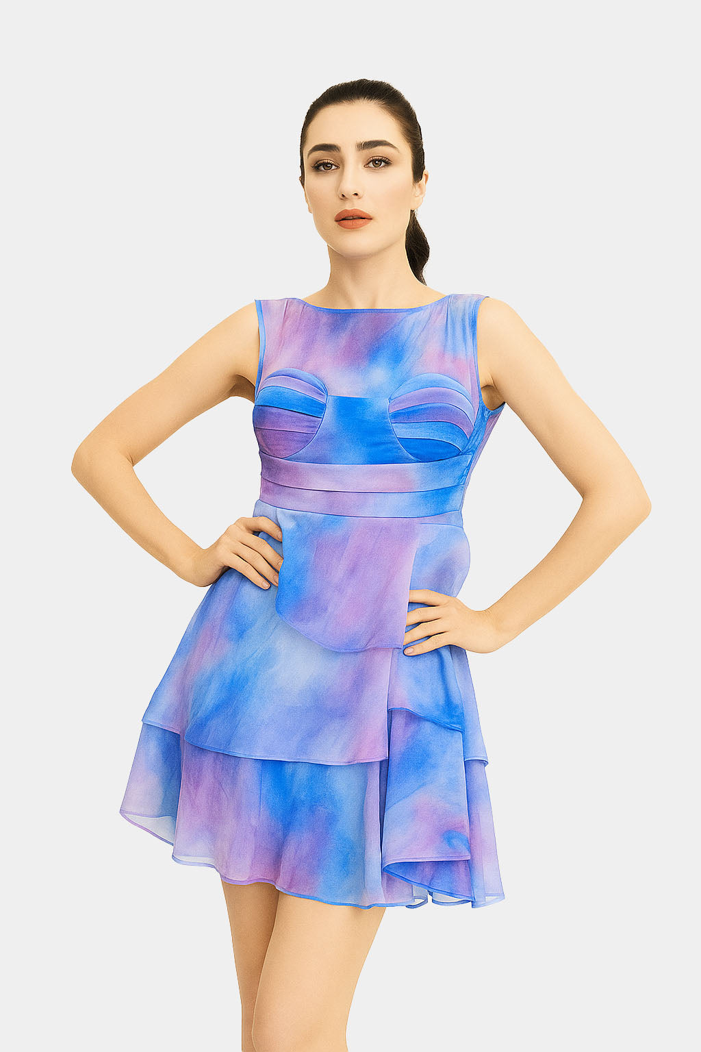 Ruffled Blue Dress with little mixture of Pink Texture