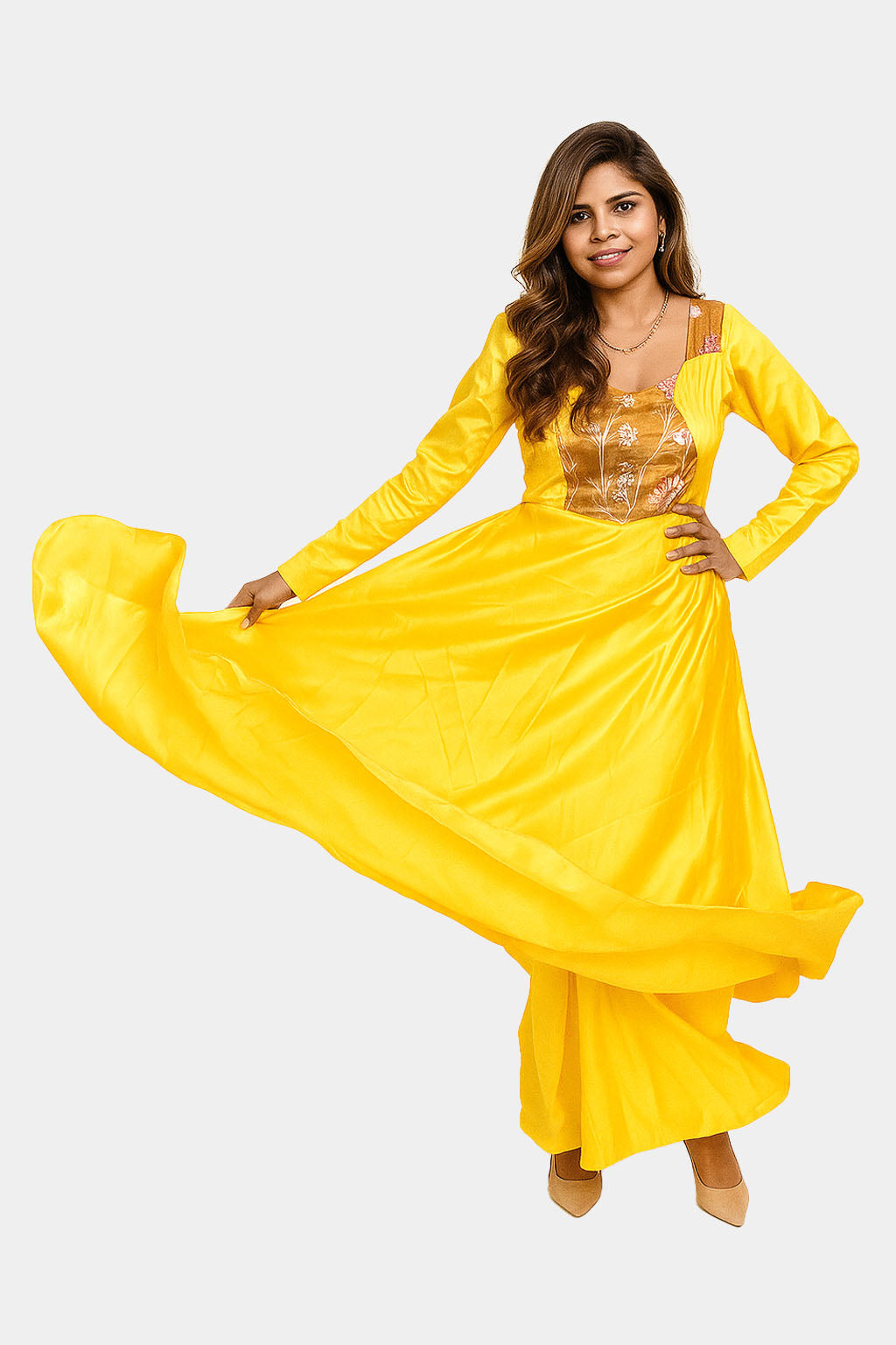 Yellow with Mustard Combo Umbrella Cut Gown